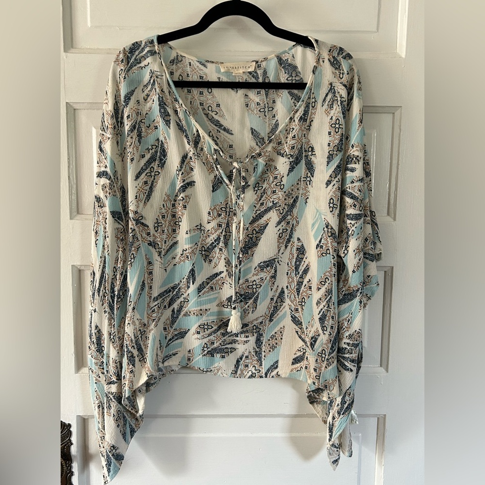 Lovestitch Navy, Light Blue and Tan Tassel Tie Front Flowy Sleeve Blouse. M/L